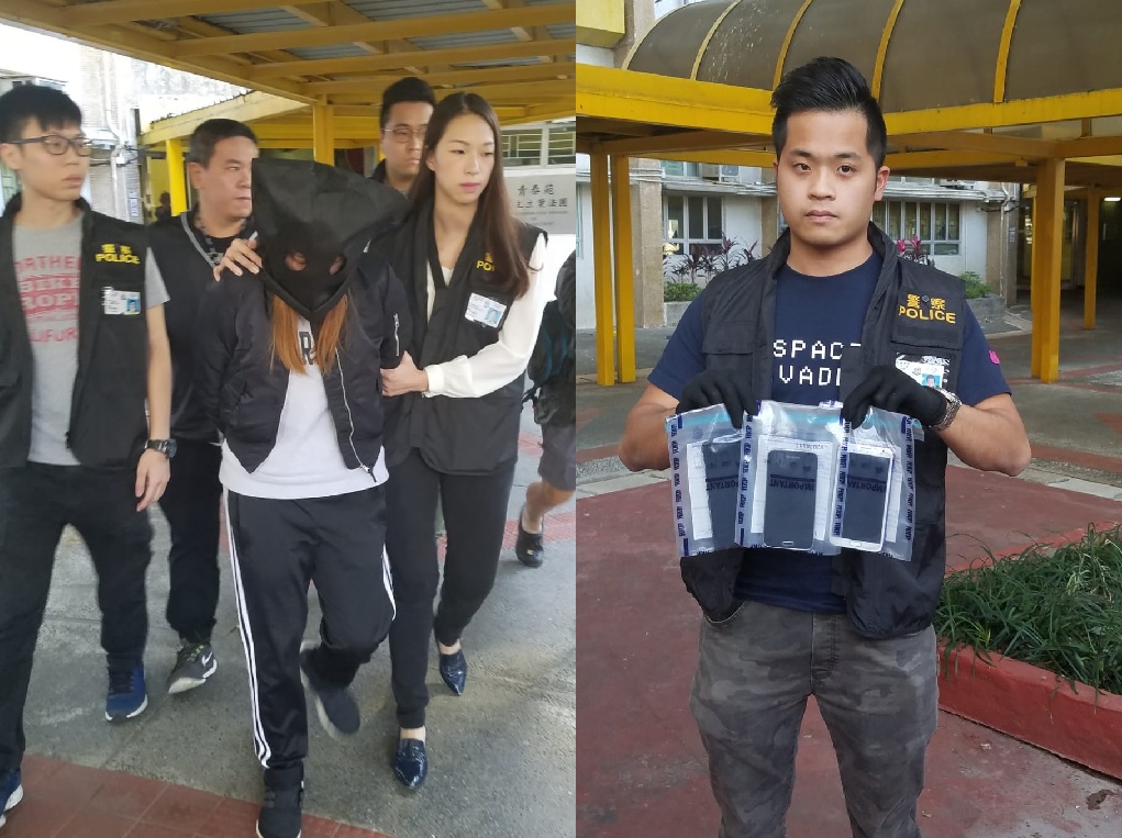 警方押解其中一名女疑犯返到青衣青泰苑恆泰閣的住所搜屋,期間檢獲手提電話等證物。楊偉亨攝