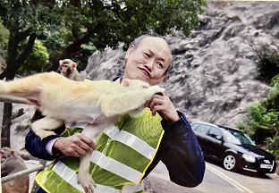 蔡慶熊跟其中一隻金毛猴子玩耍,露出趣怪表情。